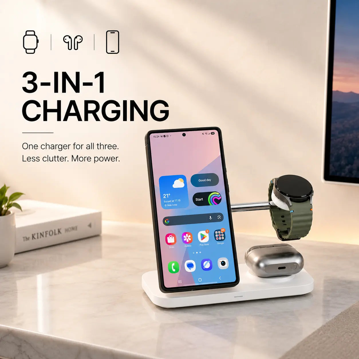 Arctic White three device wireless charging dock charging three devices together #color_Arctic White