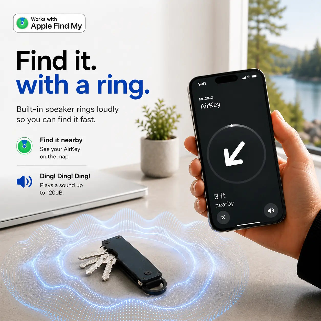 Stealth Black compact tracking key organizer with a ringing location illustration #color_Stealth Black