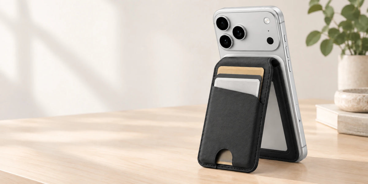 Black folding magnetic wallet holding cards and supporting a silver phone.