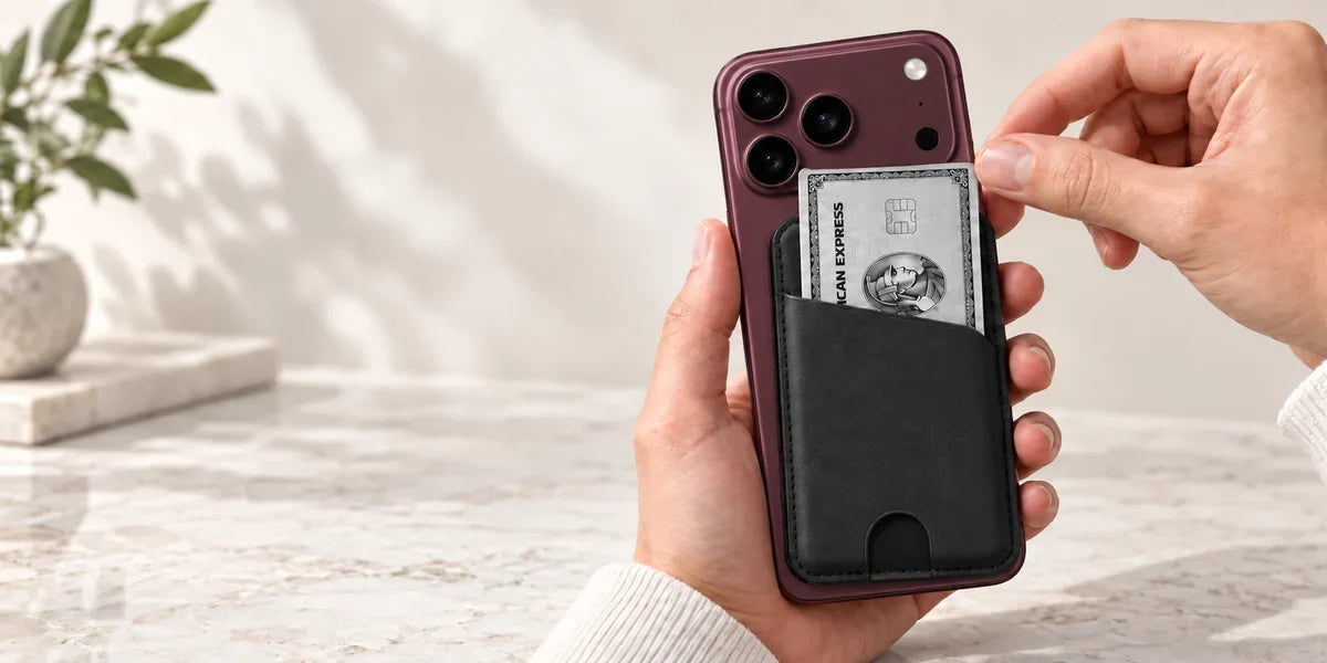 Black folding wallet centered and flush on the back of a silver phone as a silver card is removed from the outer pocket.