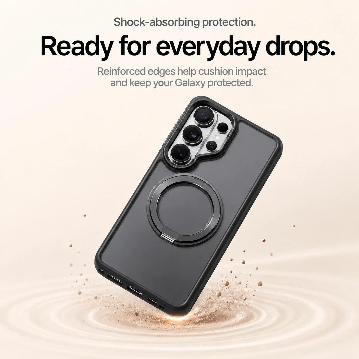 Black ring stand phone case shown with reinforced edges in a drop scene #color_Midnight Black