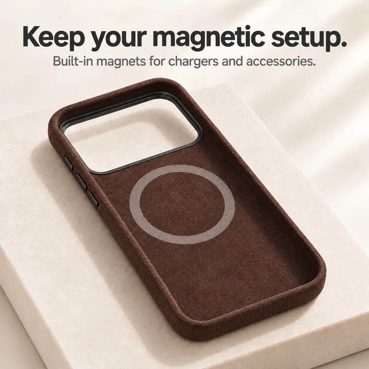 Brown fabric phone case interior showing the circular magnetic ring. #color_Espresso Brown