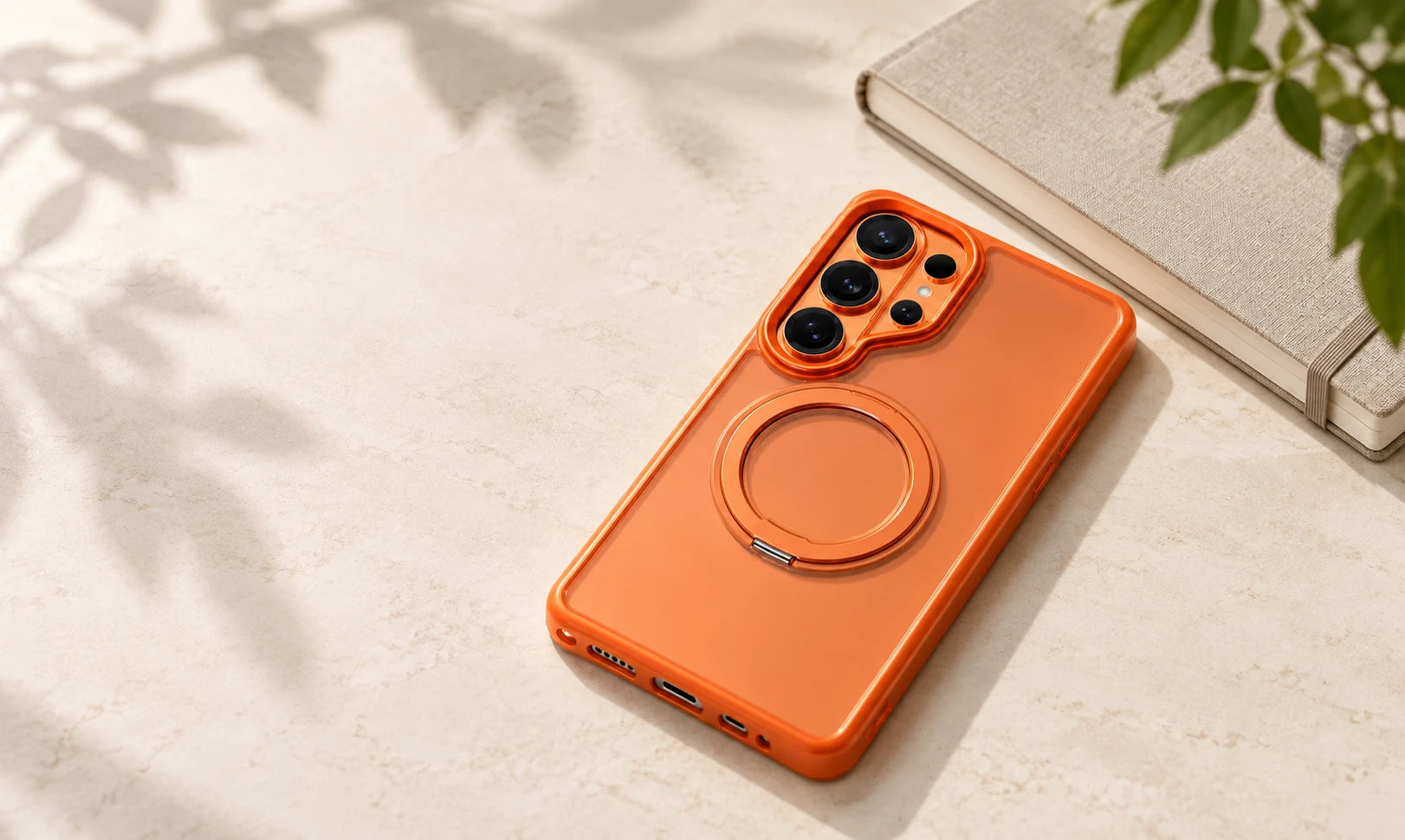 Orange magnetic phone case with a closed ring on a pale desk.