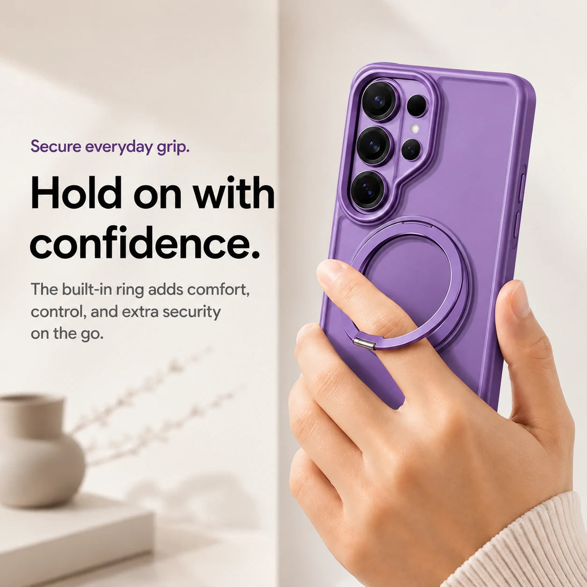 Purple ring stand phone case held securely through its circular ring #color_Lavender Purple