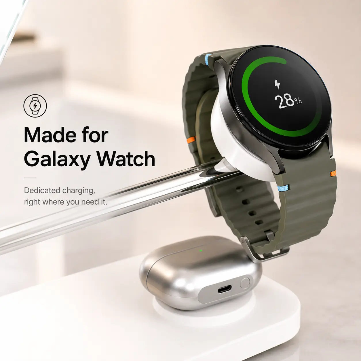 Arctic White three device wireless charging dock with a dedicated watch charging arm #color_Arctic White