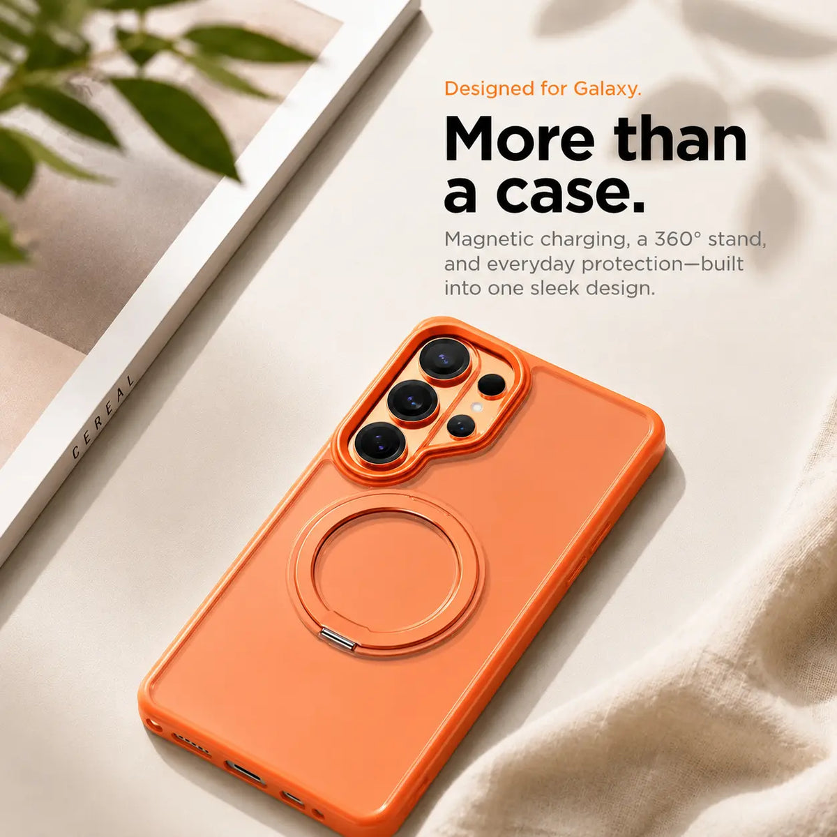Orange magnetic phone case resting beside a tablet with the ring stand closed #color_Cosmic Orange
