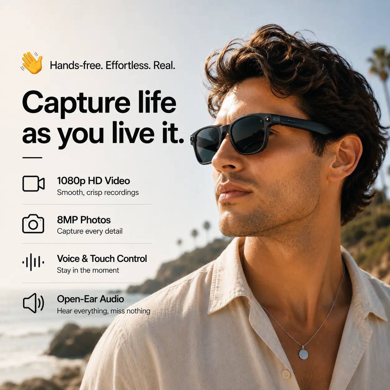 Smart glasses with camera for hands-free video recording
