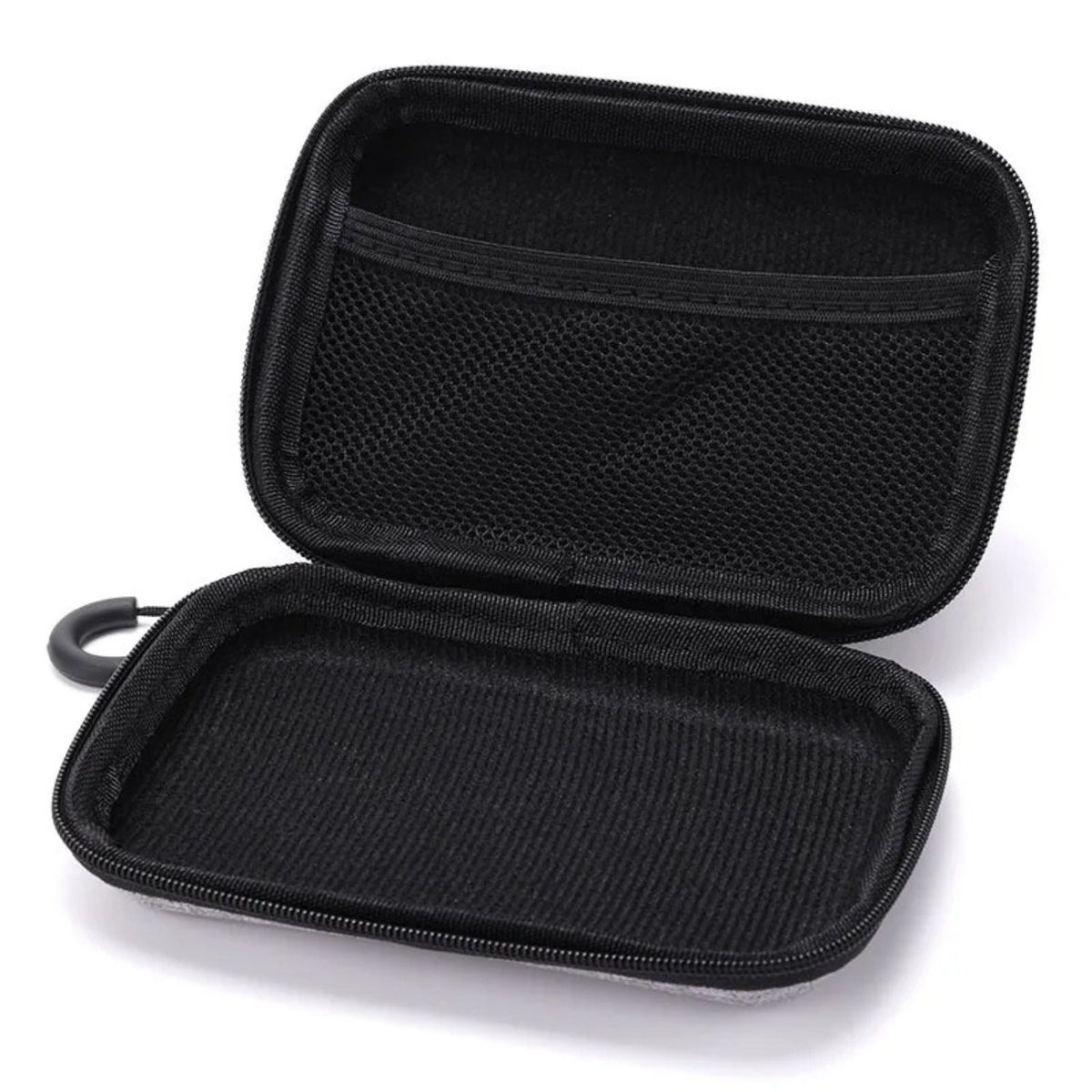 Open travel case with protective mesh storage compartment