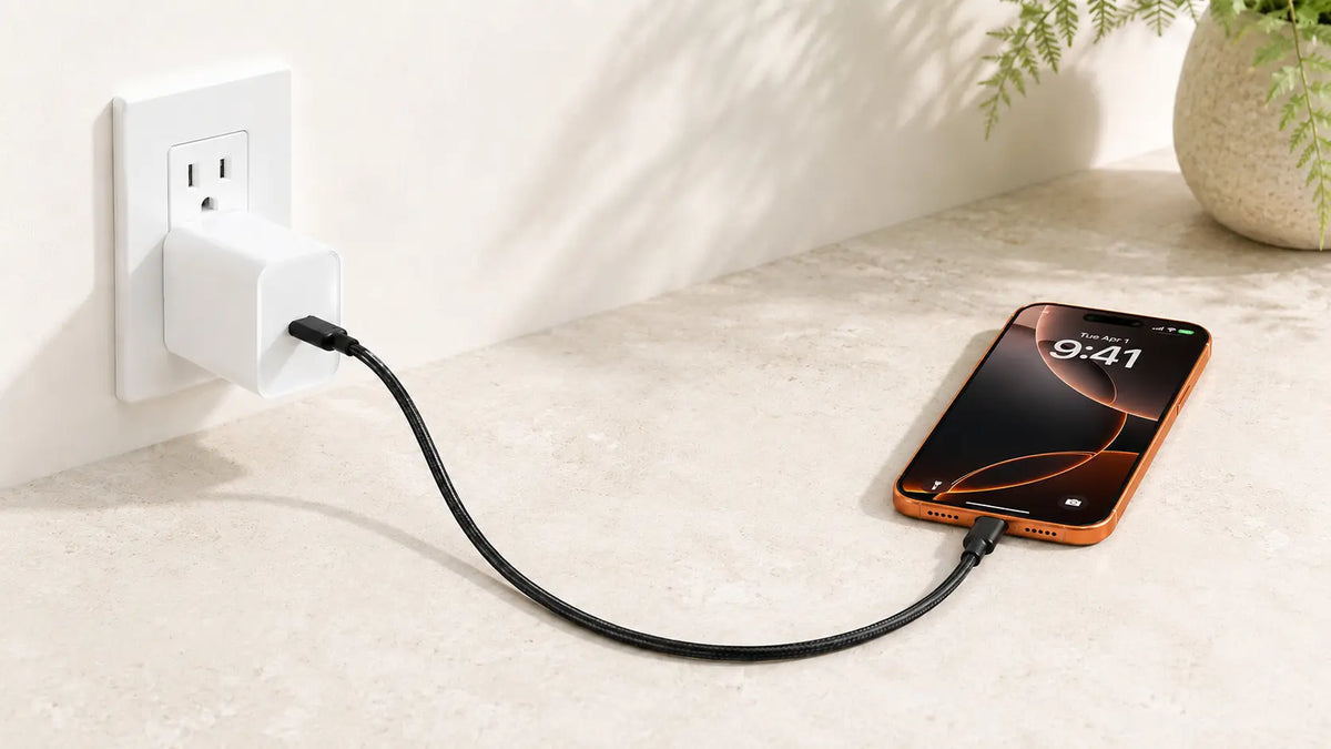 White USB-C wall adapter connected by a black cable to an iPhone on a pale stone table