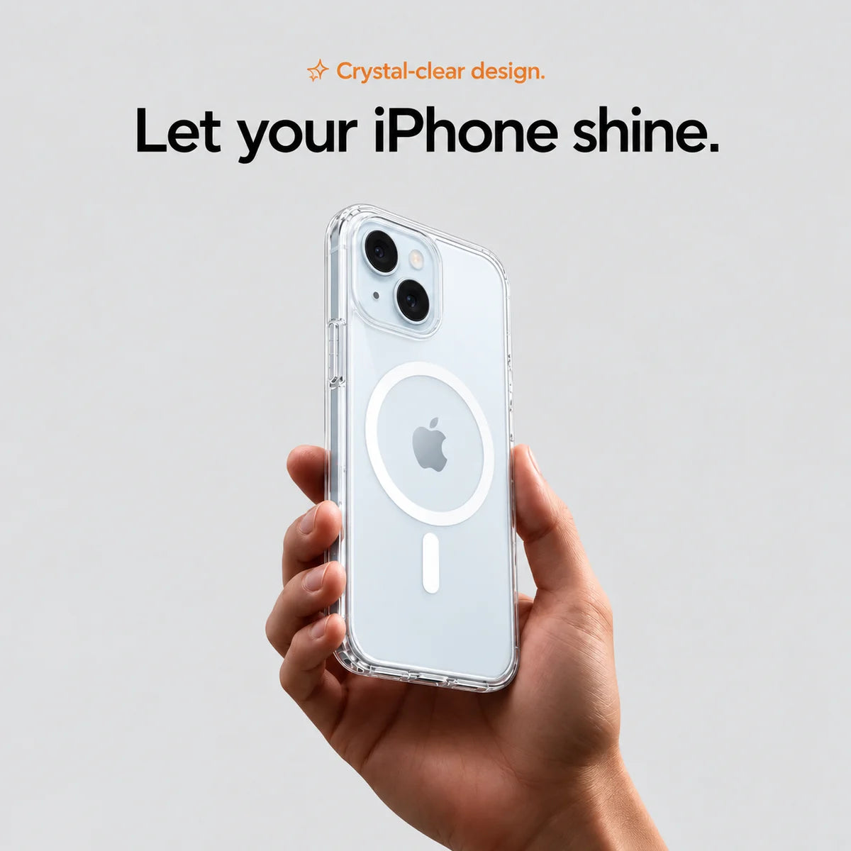 Clear magnetic phone case held at an angle, showing its transparent back and camera openings. #iPhone Model_iPhone 15
