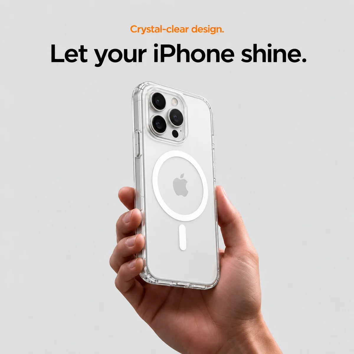Clear magnetic phone case held at an angle, showing its transparent back and camera openings. #iPhone Model_iPhone 16 Pro