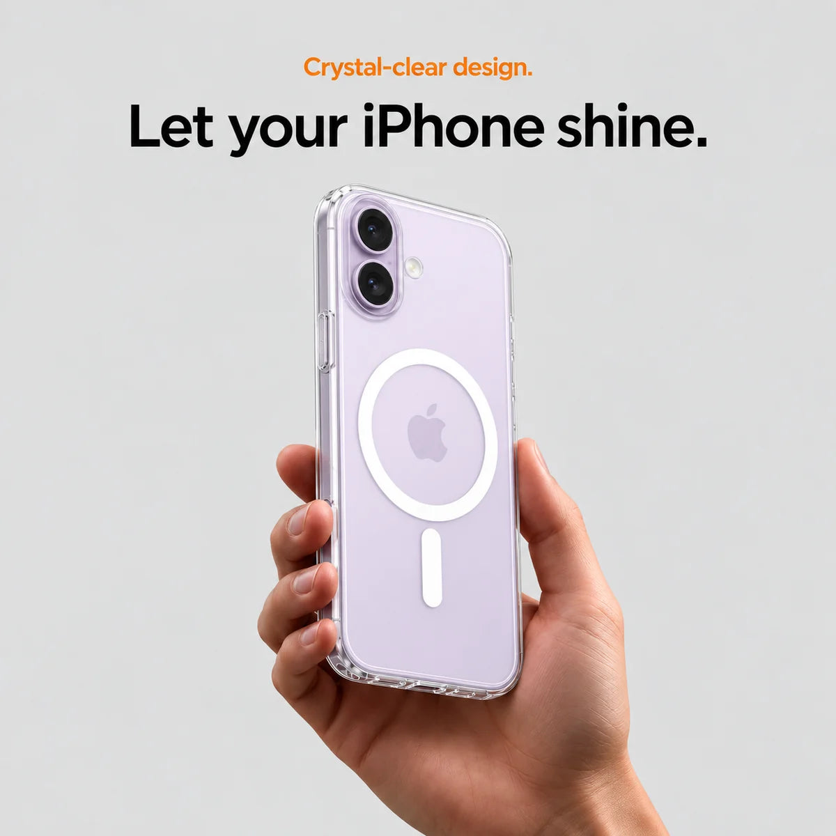 Clear magnetic phone case held at an angle, showing its transparent back and camera openings. #iPhone Model_iPhone 17
