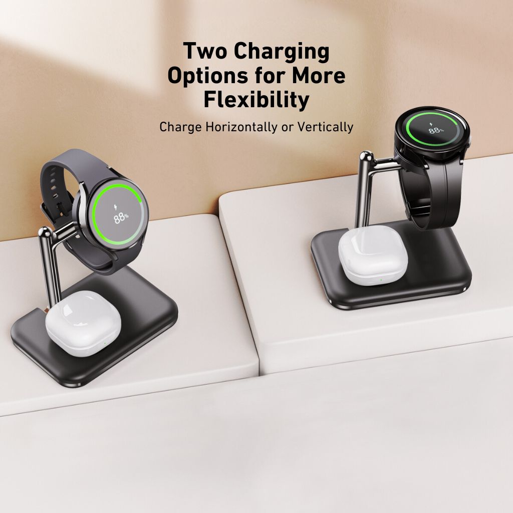 2-in-1 wireless charger for Samsung Galaxy Watch and Buds, fast charging station, compact and portable, foldable design, adjustable angles, compatible with Galaxy Watch 5, 5 Pro, 4, 4 Classic, 3, 3 Classic, Active 2, Active 1, and Galaxy Buds 2, 2 Pro, Pro, Live, Type-C input, overcharge protection, suitable for desk and travel use.