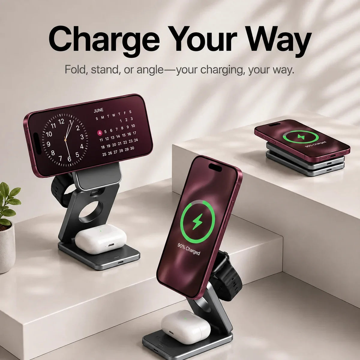 MagSafe travel charger powering Burgundy iPhone, Apple Watch and AirPods together.