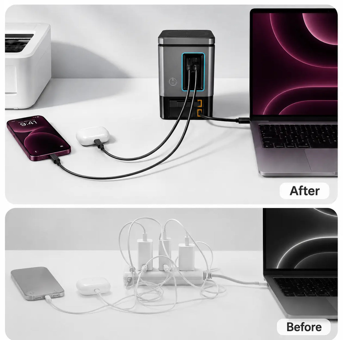 MagSafe wireless charging tower with USB-C and USB-A fast charging.
