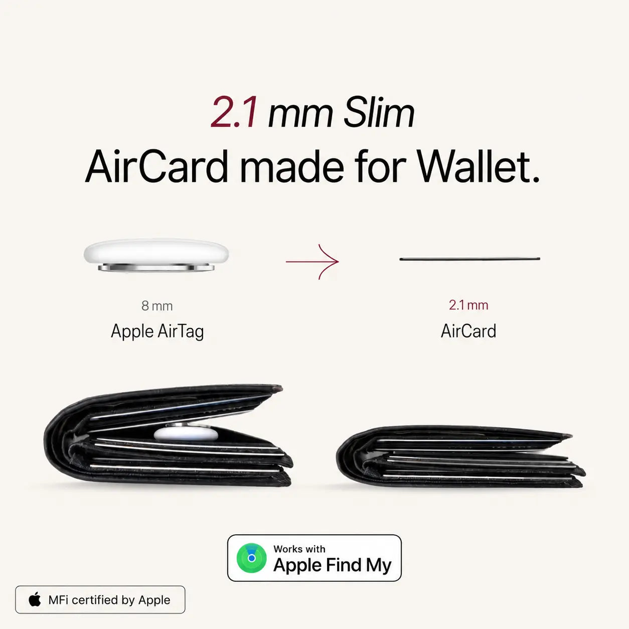 AirCard 2.1 mm thickness compared with an Apple AirTag