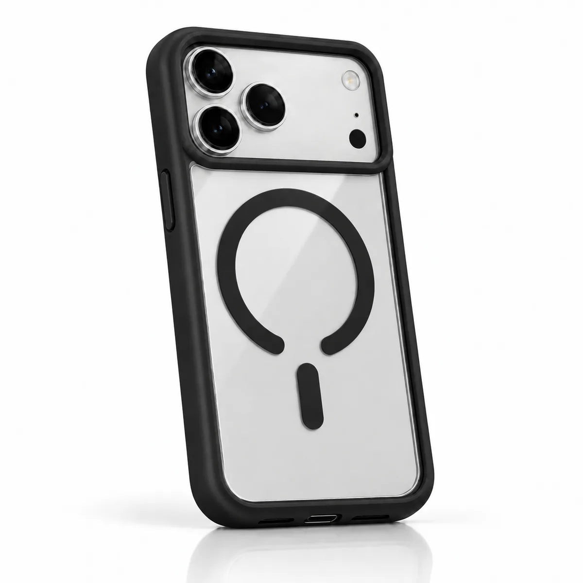 Black clear back phone case with a matching frame and magnetic ring in a white studio. #color_Midnight Black