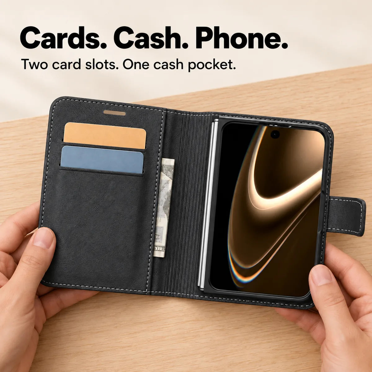 Open Midnight Black wallet case with two card slots, a cash pocket and phone fitted inside. #color_Midnight Black