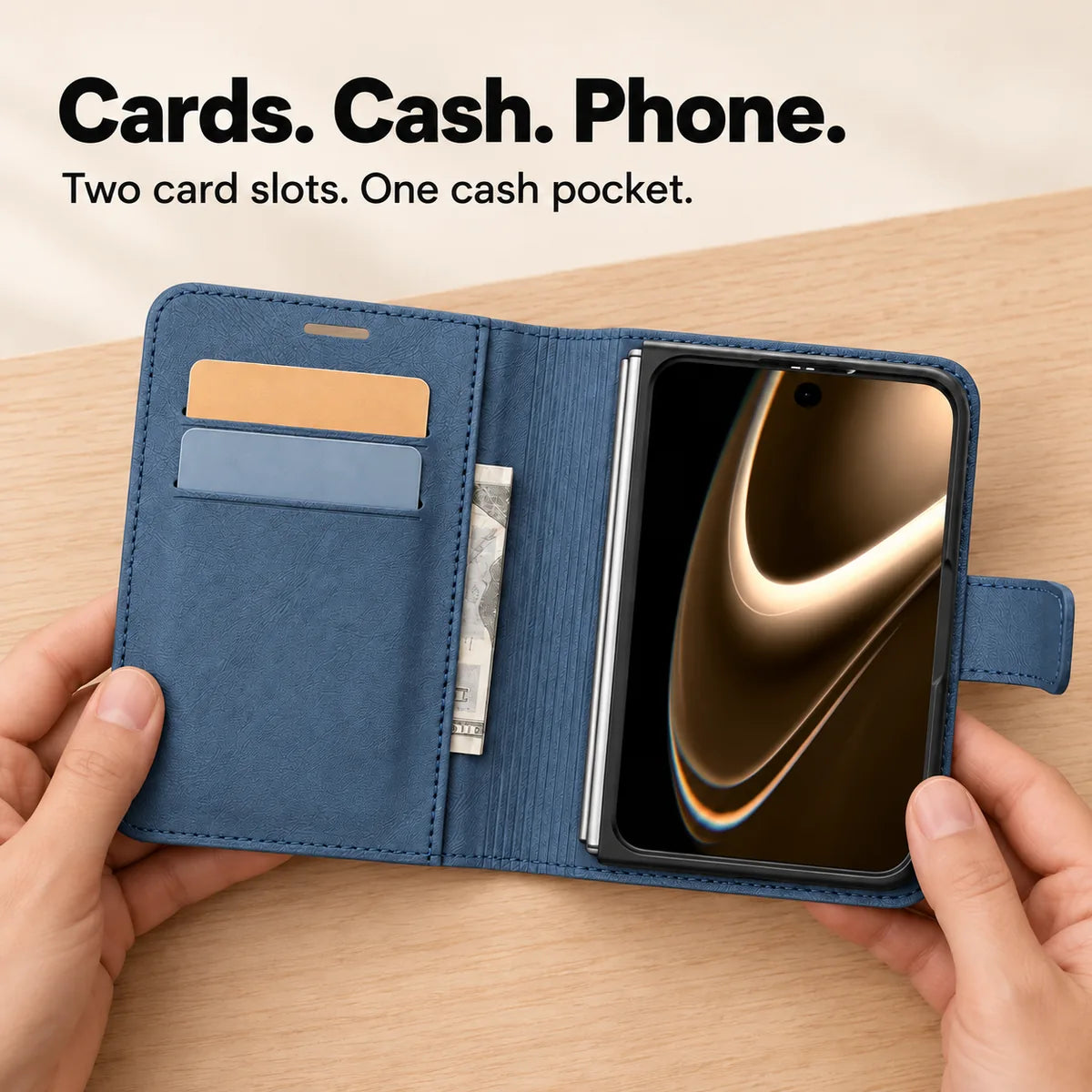 Open Sapphire Blue wallet case with two card slots, a cash pocket and phone fitted inside. #color_Sapphire Blue