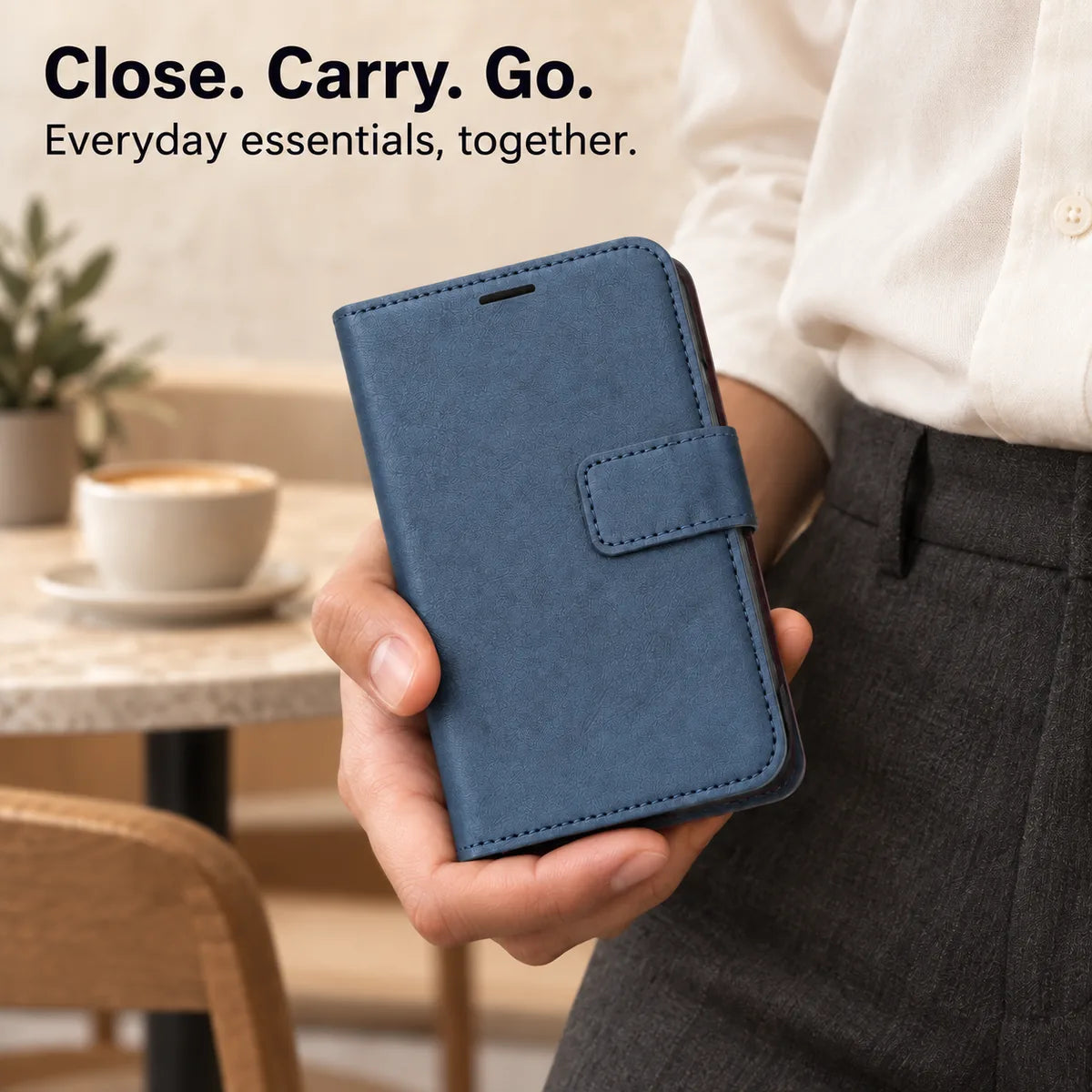 Closed Sapphire Blue wallet case with magnetic tab closure, held in one hand. #color_Sapphire Blue