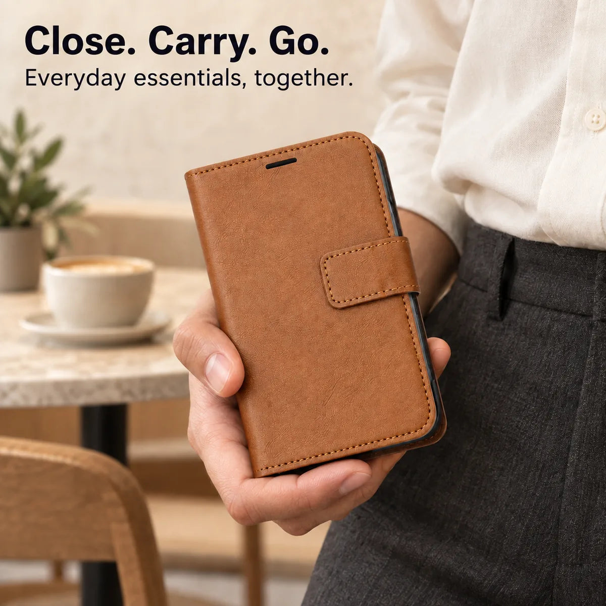 Closed Saddle Brown wallet case with magnetic tab closure, held in one hand. #color_Saddle Brown