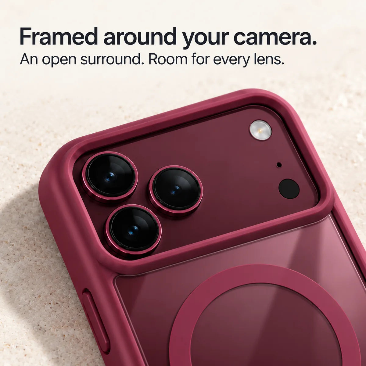 Close-up of a Burgundy phone case frame surrounding the wide rear camera opening. #color_Burgundy
