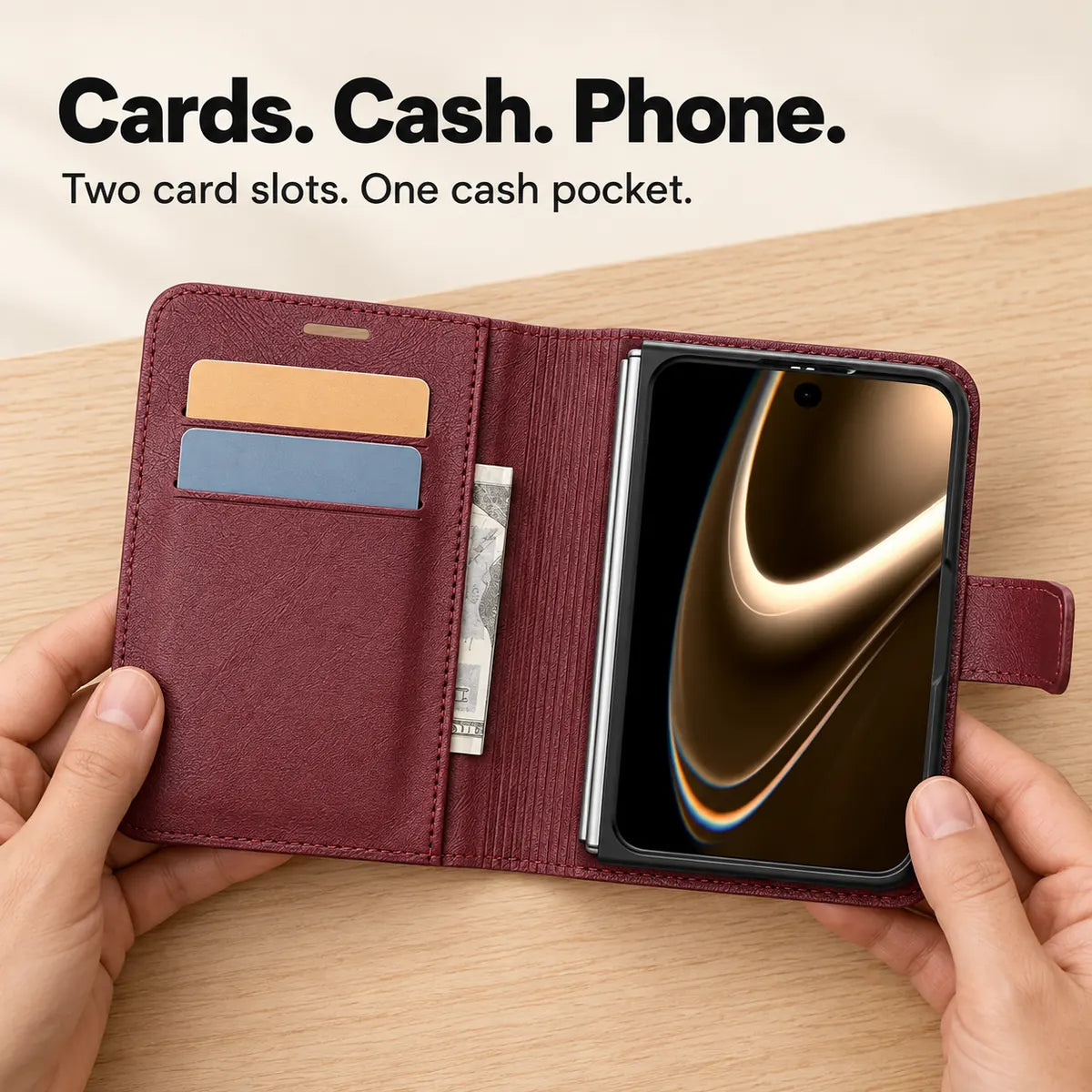 Open Burgundy wallet case with two card slots, a cash pocket and phone fitted inside. #color_Burgundy