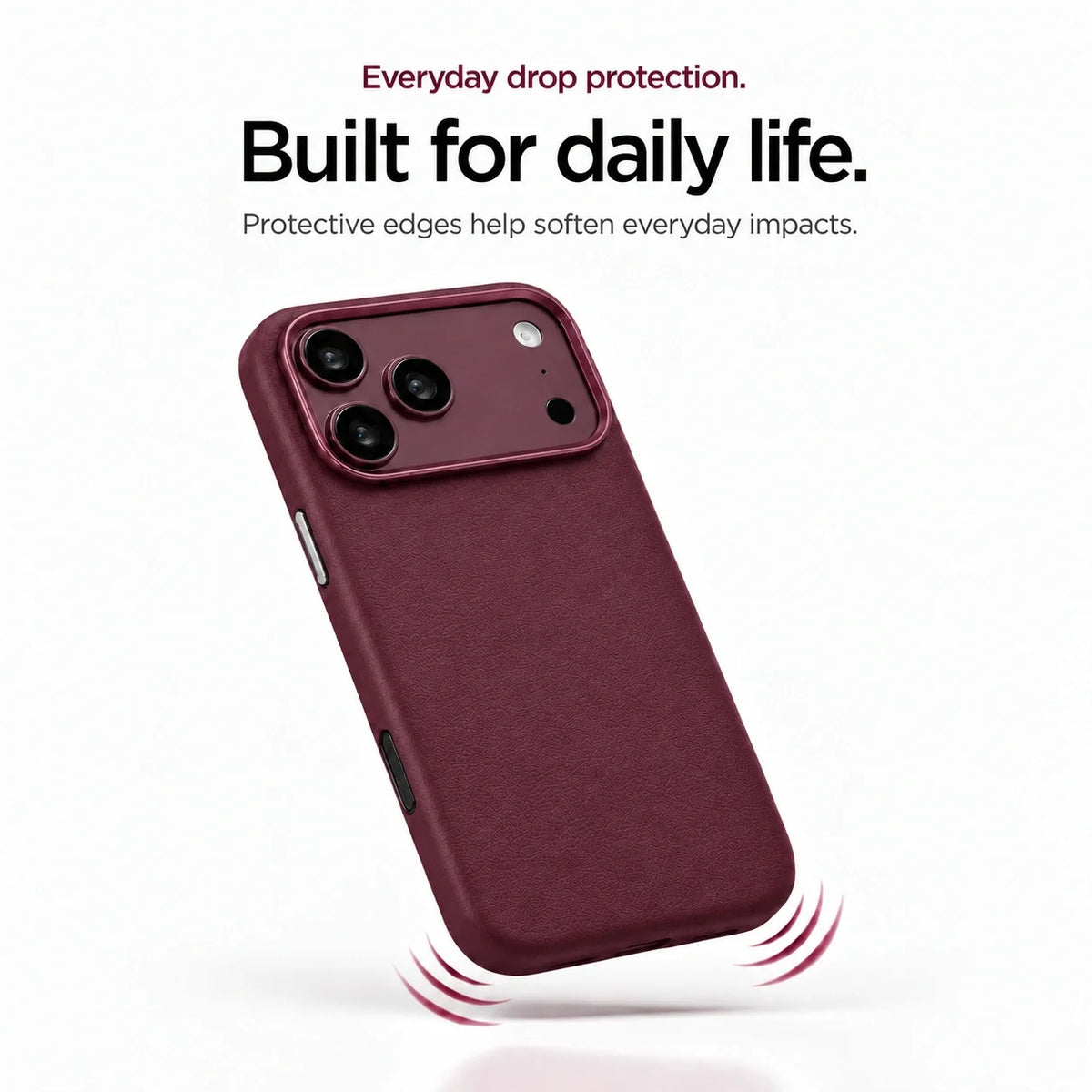Burgundy leather-finish phone case illustrating protective edges for everyday impacts #color_Burgundy