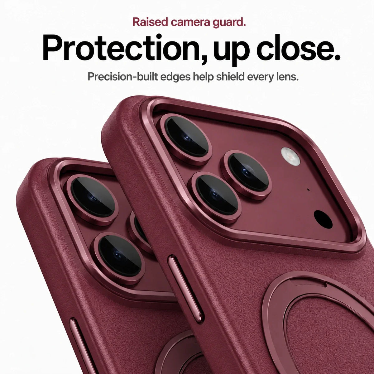 Burgundy leather-finish phone case showing raised camera guards in close-up #color_Burgundy