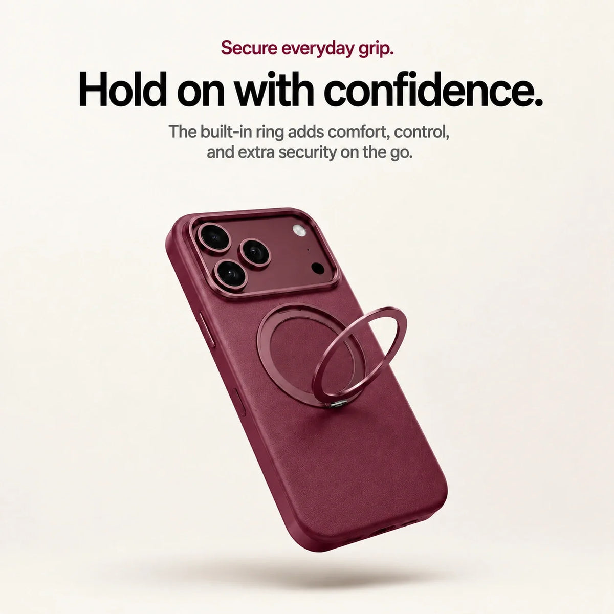 Burgundy leather-finish phone case showing the raised finger ring #color_Burgundy