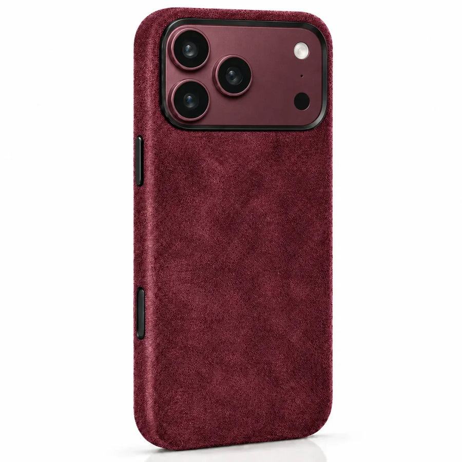 Burgundy fabric phone case with a matching Burgundy camera surface and a black protective rim.