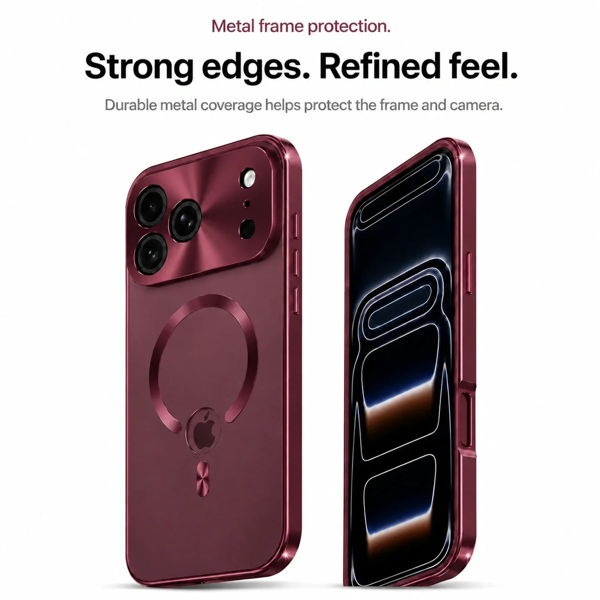 Burgundy metal frame phone case showing its raised protective edges #color_Burgundy