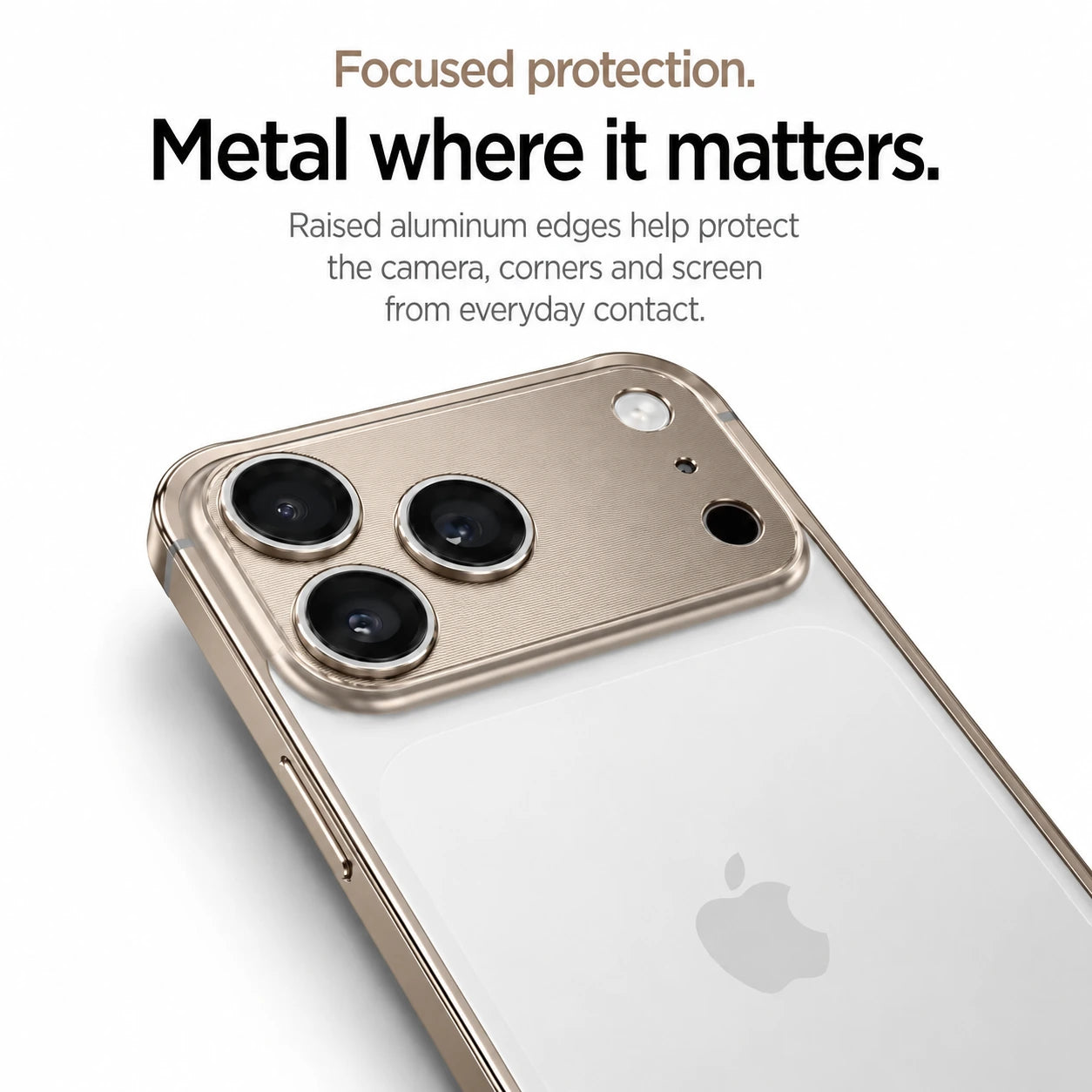 Champagne gold aluminum frame phone case showing its raised camera and corner protection #color_Champagne Gold