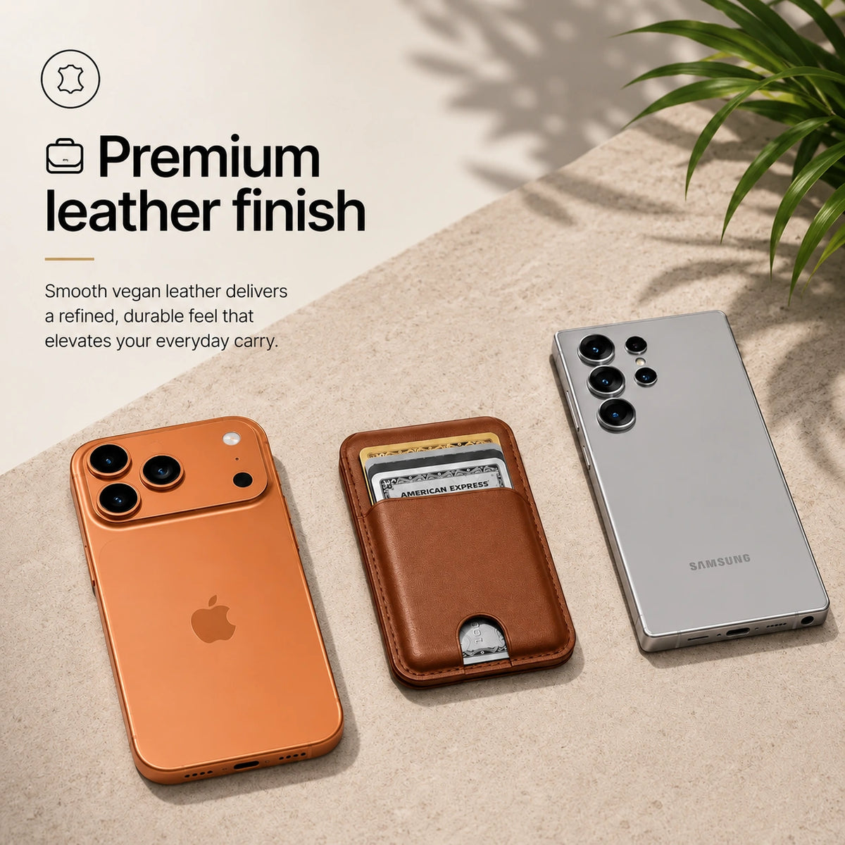 Chestnut Brown magnetic wallet and cards between a Burgundy iPhone and a silver Samsung phone. #color_Chestnut Brown