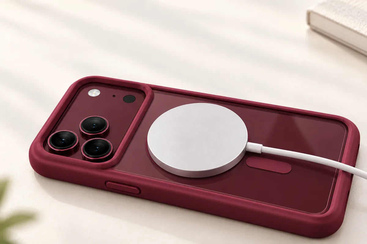 Burgundy phone case with a round magnetic charging puck attached to its back.