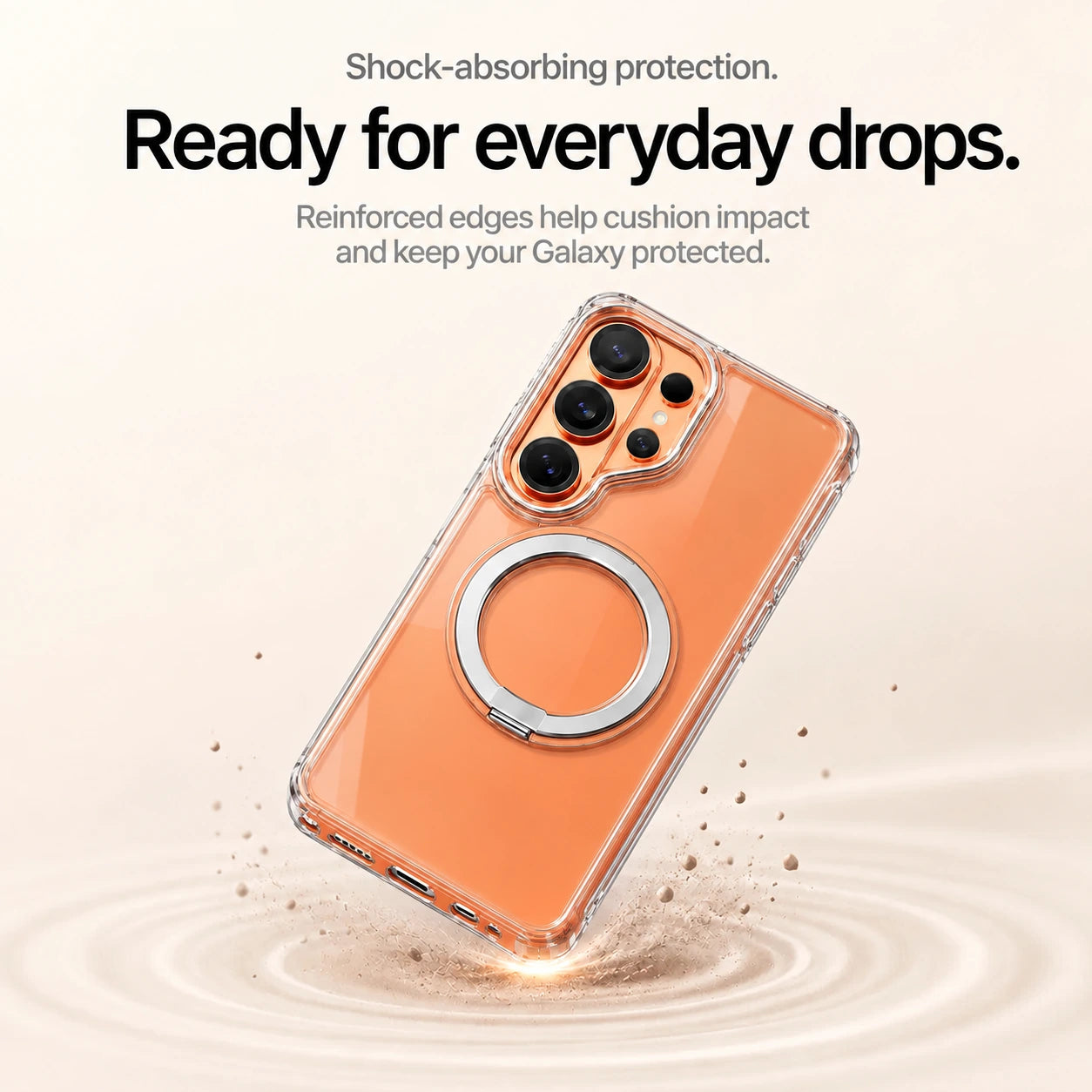 Clear ring stand phone case shown with reinforced edges in a drop scene #color_Transparent