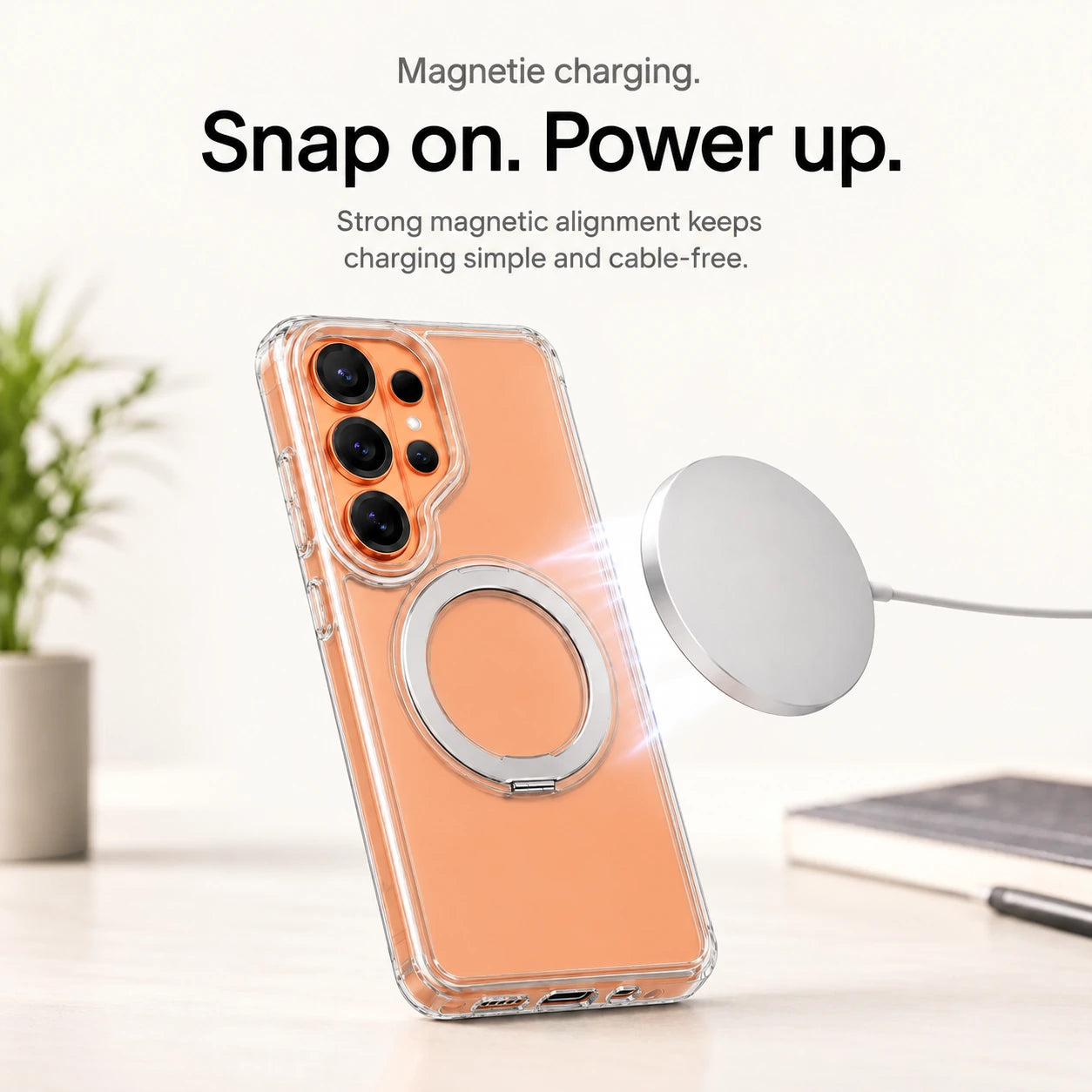 Clear ring stand phone case aligned with a white wireless charging puck #color_Transparent