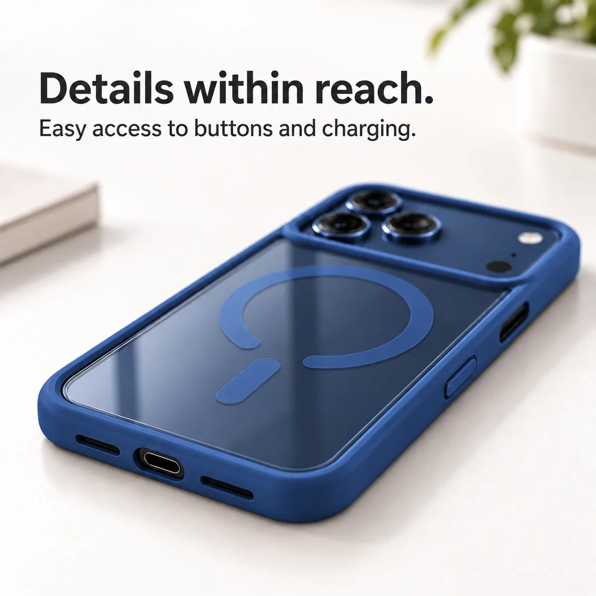 Dark blue phone case with open charging and speaker ports and accessible side controls. #color_Deep Blue