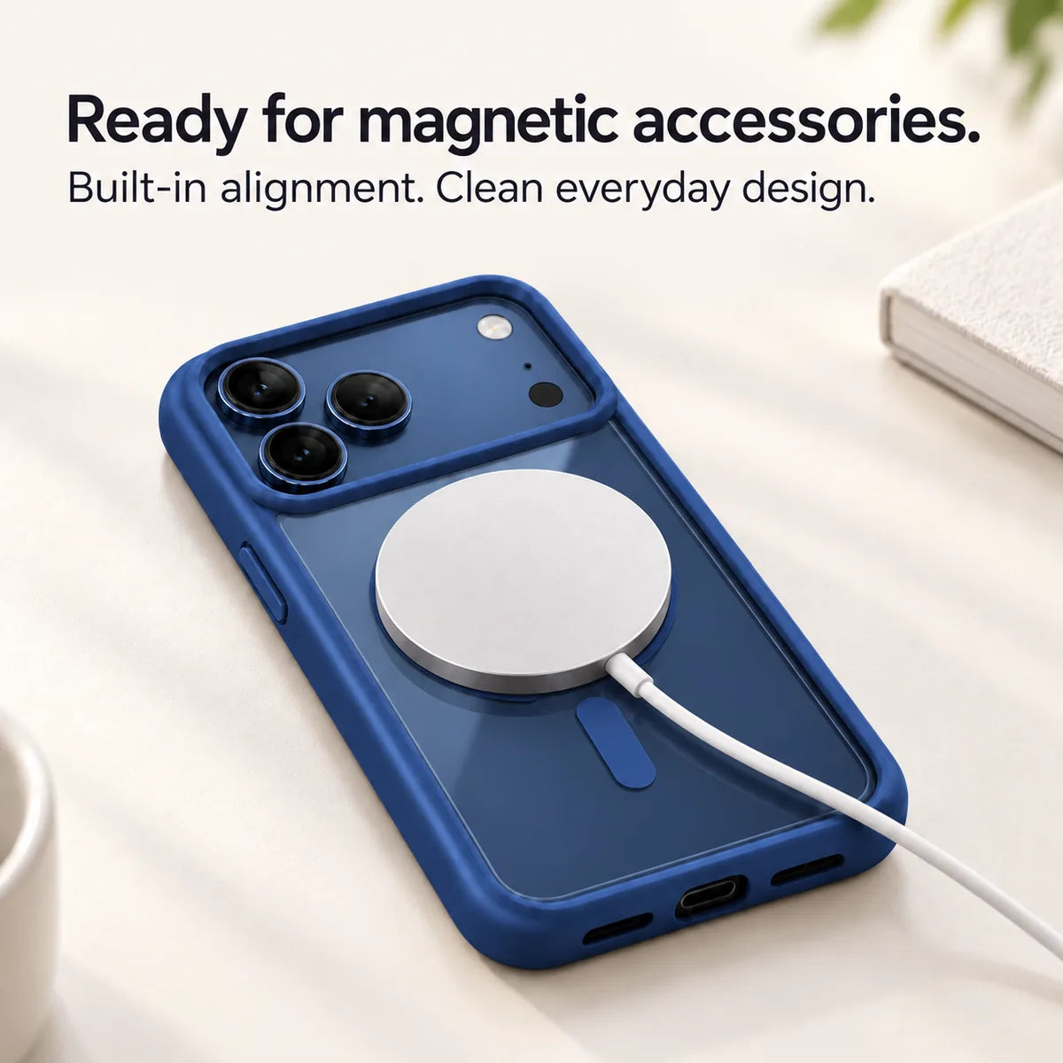 Dark blue clear back phone case with a round magnetic charging puck attached. #color_Deep Blue