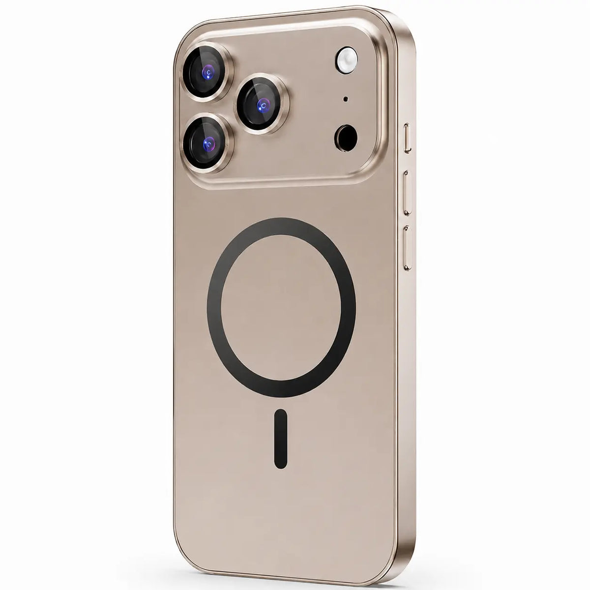 Desert gold metal magnetic phone case in a tilted rear view showing its camera surround and side rail #color_Desert Gold