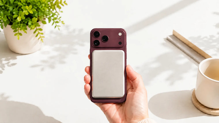 Silver magnetic power bank attached to a Burgundy iPhone held over a sunlit desk.