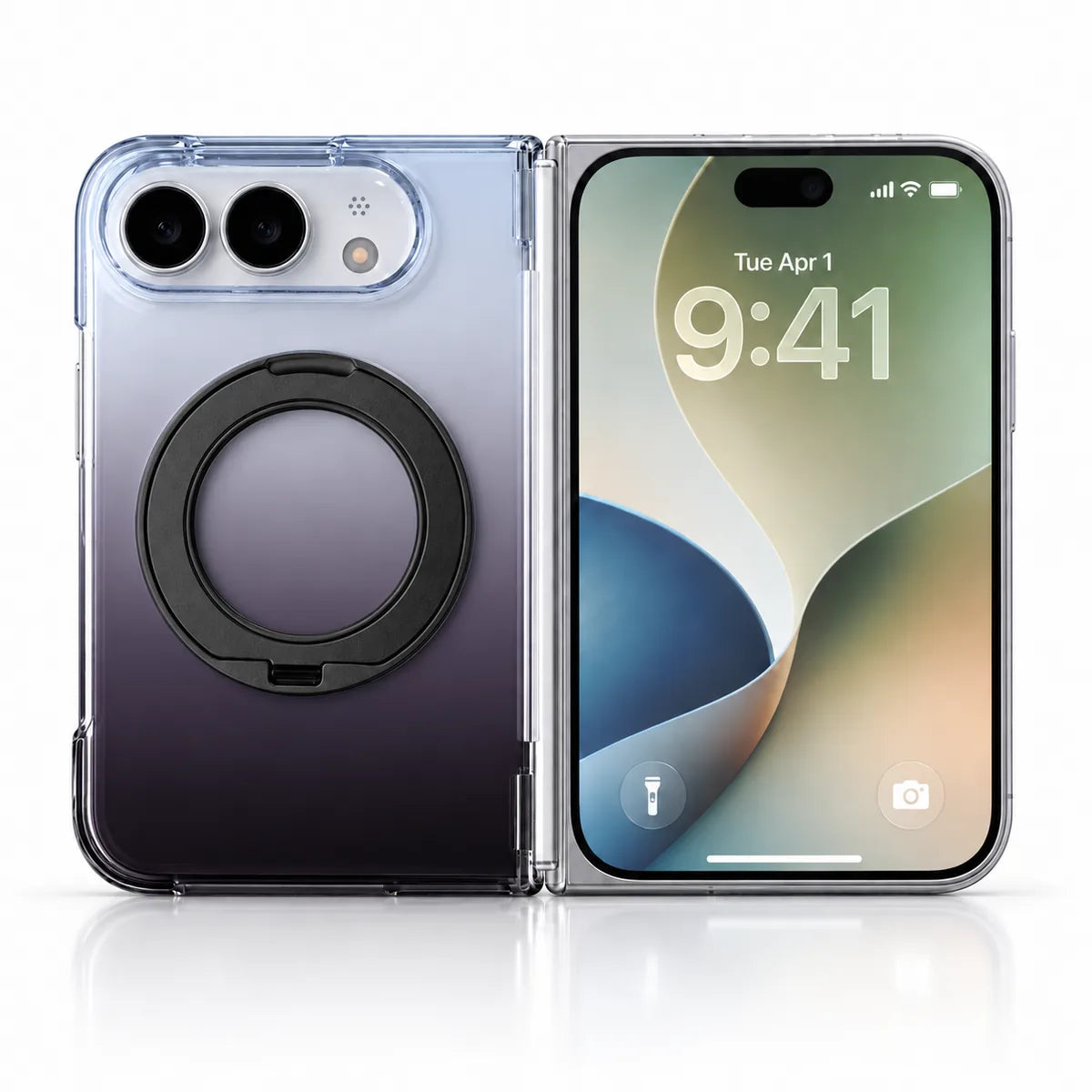 Smoky purple gradient magnetic ring stand case on a silver folding phone, shown open with rear and outer display. #color_Midnight Mist