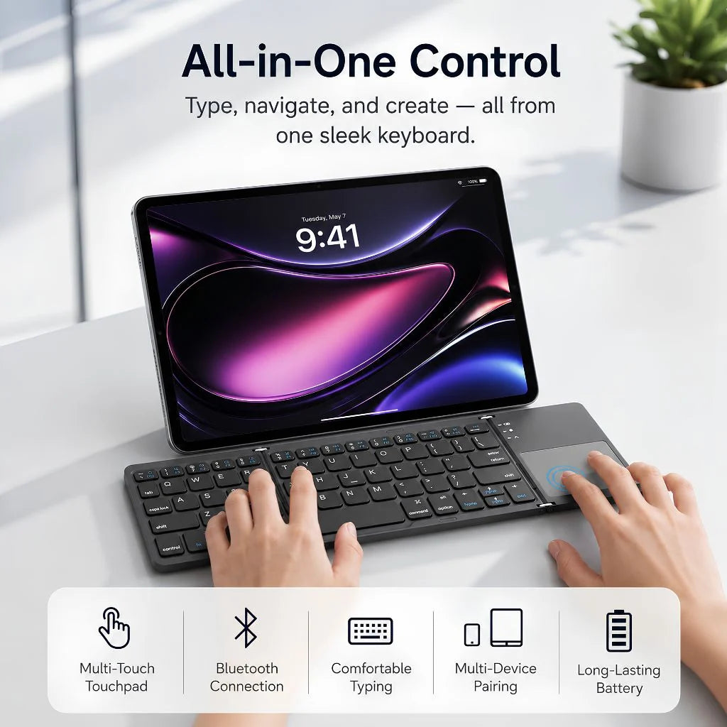 Titanium Gray folding wireless keyboard in use with a tablet #color_Titanium Gray