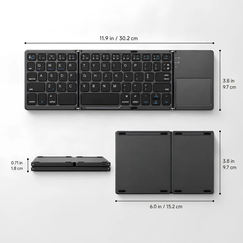 Titanium Gray folding wireless keyboard showing folded and open dimensions #color_Titanium Gray