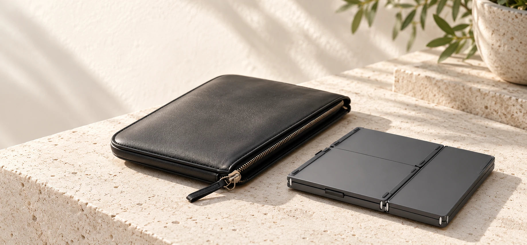 Compact gray folding keyboard beside a beige travel pouch.