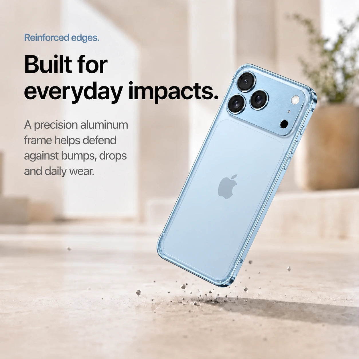 Light blue aluminum frame phone case demonstrating its reinforced frame during a drop #color_Light Blue