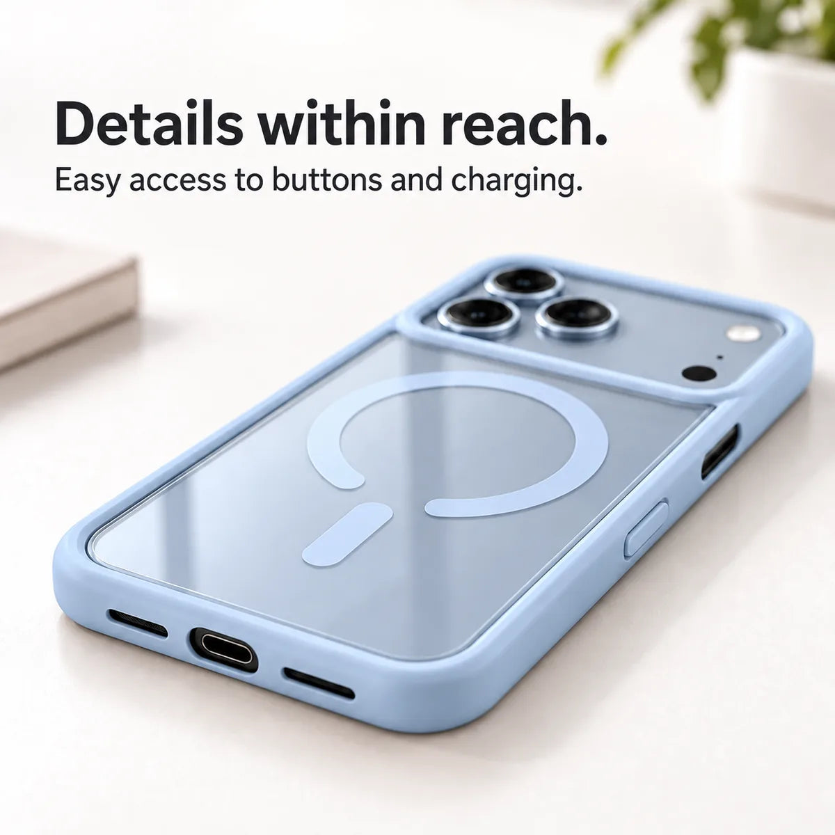 Light blue phone case with open charging and speaker ports and accessible side controls. #color_Glacier