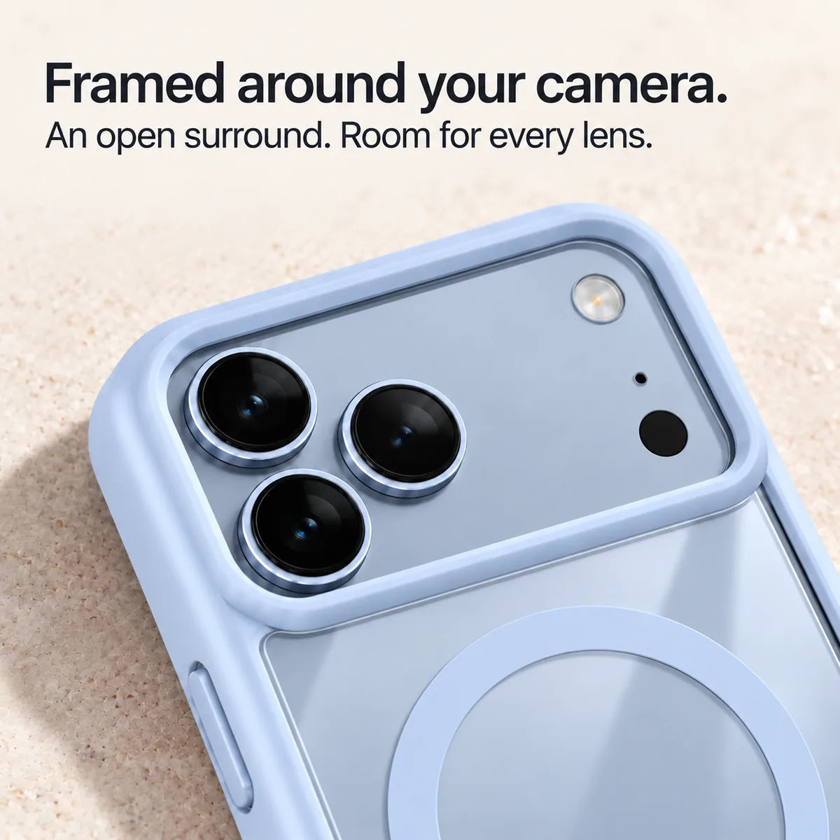 Light blue phone case frame surrounding the wide rear camera opening. #color_Glacier