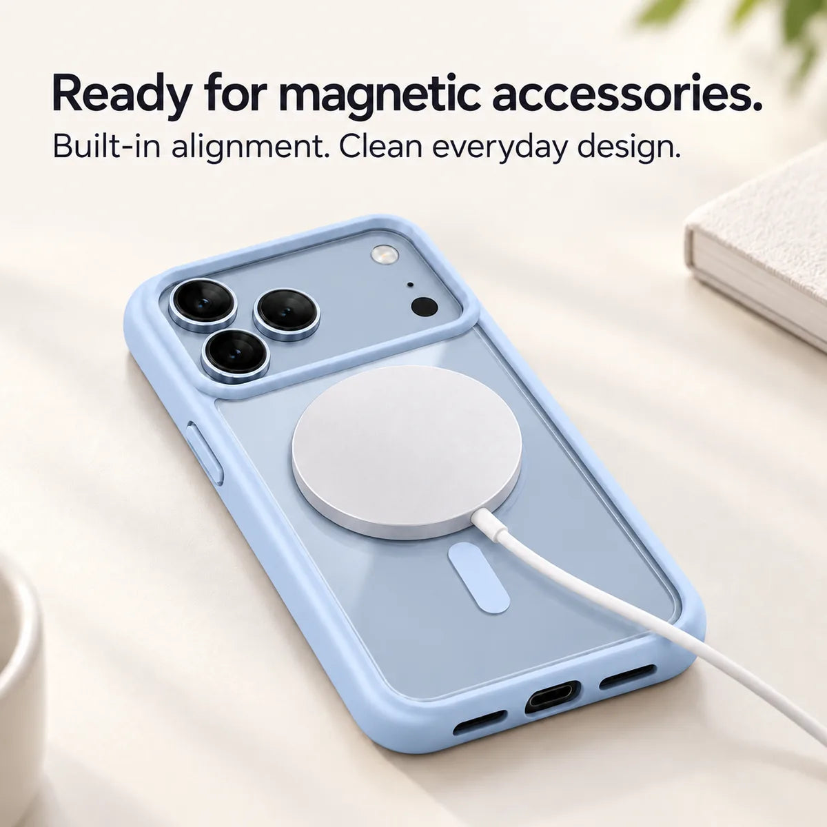 Light blue clear back phone case with a round magnetic charging puck attached. #color_Glacier