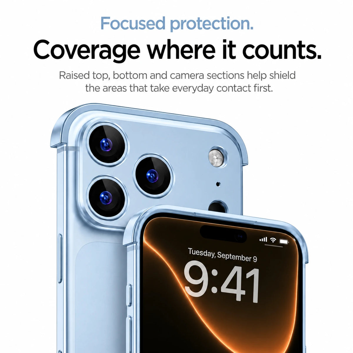 Glacier minimal metal phone case showing raised camera protection and front edge coverage #color_Glacier